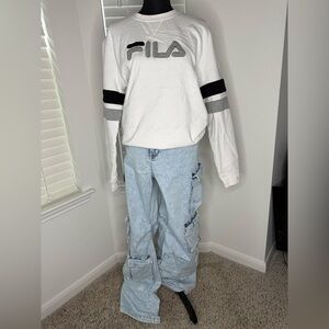 Fila White Sweatshirt with Light Blue Jeans